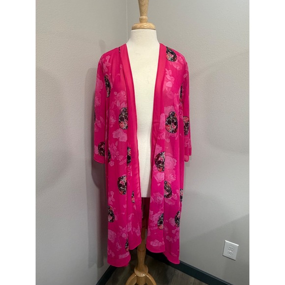 torrid Sweaters - Torrid Pink Skull Floral Chiffon Kimono Cardigan Duster Layering Jacket Size 0